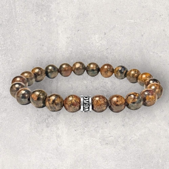 NOV9M®️ 925 Sterling Silver Bronzite Beads Men’s Stretch Bracelet - Picture 1 of 5